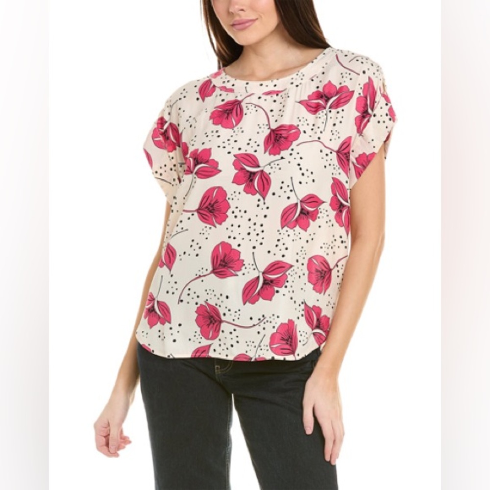 CAbi. Boxy Top Blouse. Beige with Pink Flowers & Black Dots. Size XS.